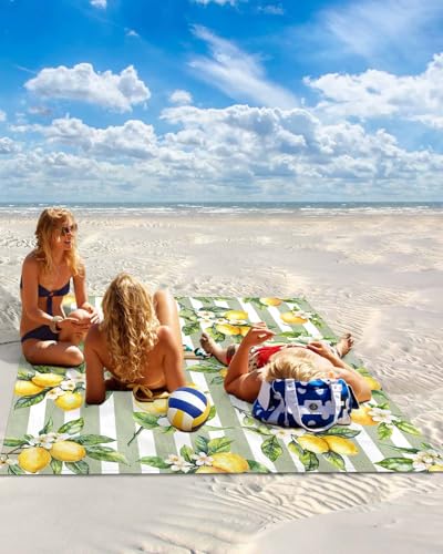 Lemon Beach Blanket Waterproof Sandproof 118"x108", Summer Sage Green Stripes Oversized Beach Mat with 4 Corner Sand Pocket & 4 Stakes, Compact Outdoor Picnic Mat for Camping Travel Festivals - color: Green, size: 118"x108"