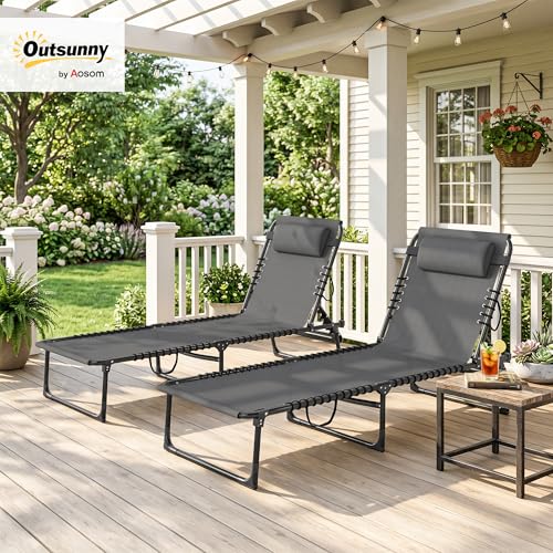 Outsunny Folding Chaise Lounge Chair Set of 2, Patio Sun Tanning Chair, Outdoor Chaise Lounger with 4-Position Reclining Back, Breathable Mesh Seat for Beach, Poolside, Gray - color: Grey, size: 2 Packs