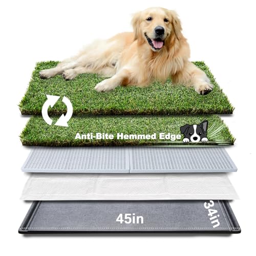 HQ4us Dog Grass Pad with Tray Extra Large 45”×34” Dog Litter Box Toilet with 2×Artificial Grass for Dogs with Hemmed Edge, Pee Pads for Dogs, Realistic, Less Stink, Potty for Balcony - size: XL 45”×34” for Dog＜ 38" Length