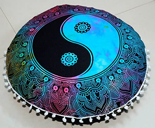 CRAFT KALA 22" Round Mandala Boho Pillow Cover Meditation Room Seating Poufs Cover for Living Room Yoga Room Home Bedroom Balcony Garden Party Decoration Cotton Floor Cushion Cover 22", Multi Yin Yang - color: Multi Yin Yang, size: 22"