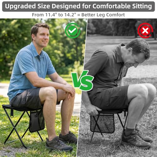 Portable Folding Camp Stool with Side Pocket, Taller Foldable Camping Stool for Adults, Metal Backpacking Stool Lightweight Mini Folding Chair, Compact Camping Seat Travel Fishing Hiking Mobile Chair