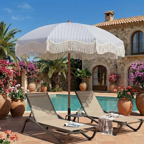 7ft Patio Umbrella with Fringe, Boho Beach Umbrellas, Outdoor Tassels Umbrellas with Push Button Tilt & Carrying Bag, 8 Windproof Fiberglass Ribs, UPF50+ - color: Blue & White Stripe