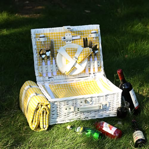 Picnic Basket Set for 4 with Waterproof Blanket Mat Insulation Bag Wicker White Yellow Light Fresh Gifts for Wedding Birthday Summer Camp Outdoor Camping Beach Travel Christmas Thanksgiving - color: Yellow Grid