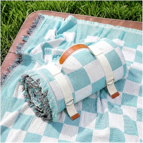 2 in 1 Extra Large Boho Beach Blanket Towel Picnic Camp Mat Family Beach Trip Essentials Summer Vacation Must Have Travel Accessories Lake Day Necessities Stuff Thing Need Gear Gift Item Gadget 2026 - color: Checkered Aqua