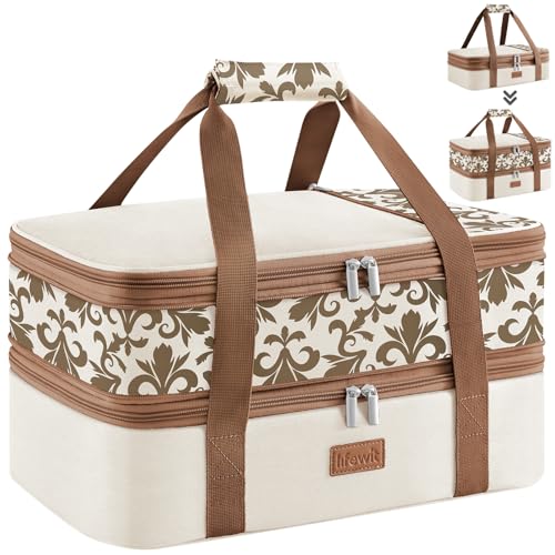 Lifewit Insulated Double Decker Casserole Carrier, Expandable Lasagna Lugger Tote Bag for Hot or Cold Food, Fits 9" x 13" Baking Dish for Potluck Parties, Picnic and Cookouts, Cream-Flowers - color: Cream-flowers