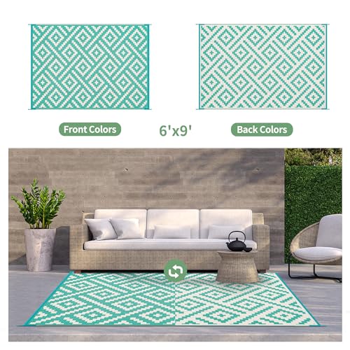 GENIMO Outdoor Rug for Patio Clearance, 6'x9' Waterproof Camping Mat, Reversible Plastic Straw Rugs for RV, Camper, Balcony, Backyard, Picnic, Deck (Lake Green & Beige White) - color: Lakegreen&beigewhite, size: 6' x 9' (Rectangular)