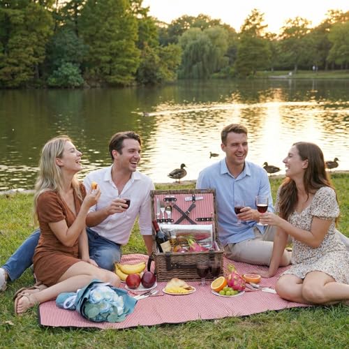 Picnic Basket Set for 4 Persons with Cooler and Waterproof Picnic Blanket, Classical Wicker Picnic Baskets with Waterproof & Sand-Proof Beach Mat,Willow Hamper Service Gift Set - size: 15.55" for 4 Persons with Cooler