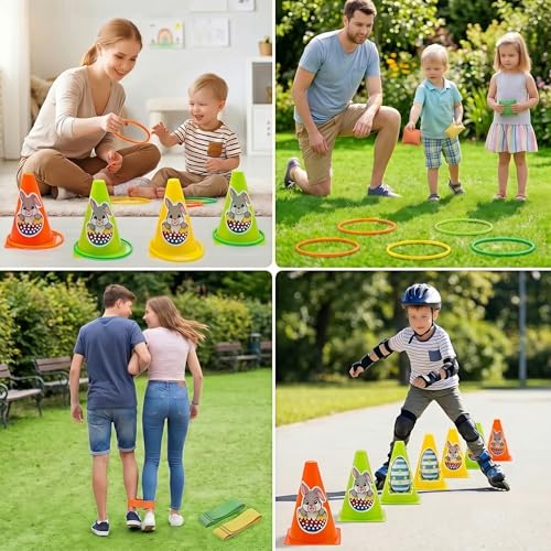 4-in-1 Plastic Carnival Party Games Set,Includes Ring Toss Games, Bean Bag Toss Games, Cones & 3-Legged Race Games, Sports & Outdoor Game Toys for Backyard, Birthday & Family Party