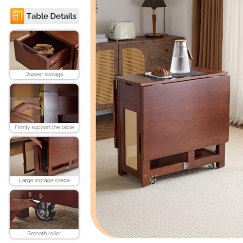 VINGLI 5-Piece Folding Dining Table Set, Extendable Drop Leaf Solid Wood Table with 4 Chairs, Drawers & Wheels, Space-Saving Design for Kitchen, Walnut - color: Walnut