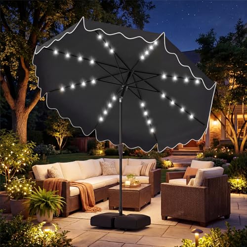 Tangkula 10 FT Solar Patio Umbrella with Base Included, 2-Tiers Outdoor Scalloped Table Umbrella with 32 LED Lights, 2 Sandbags, Tilt Adjustment, Crank, 8 Ribs for Market Backyard Pool Deck Beach Lawn (Gray, 10 FT) - color: Gray, size: 10 FT