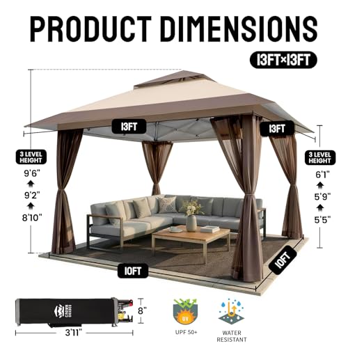 CROWN SHADES 13x13 Pop Up Gazebo, Canopy Tent, Gazebos on Clearance - Outdoor Gazebo for Backyard & Patio Furniture - Carpa Pop Up Tent with Wheeled STO-N-Go Cover Bag (Beige & Coffee) - color: Beige & Coffee, size: 13x13