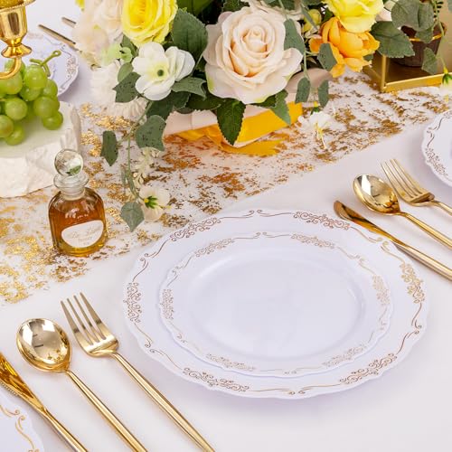 U-QE 100PCS Gold Plates Disposable - Heavy Duty White and Gold Plates Including 50PCS 10'' Dinner & 50PCS 7.5'' Dessert Plates Perfect for Upscale Party, Wedding - color: White Gold