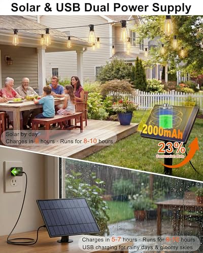 54FT Solar String Lights Outdoor, Dimmable Patio Lights Solar Powered with Remote & USB Port,15+1 LED Shatterproof Bulbs, IP65 Waterproof, ST38 LED Solar Light for Backyard, Camping - size: 54FT (15Bulbs)