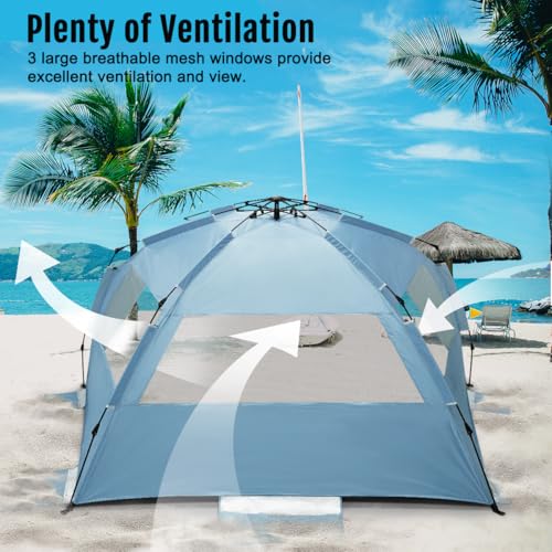 WhiteFang Deluxe Pop Up Beach Tent Sun Shade Shelter for 3-4/5-6 Person, UV Protection, Extendable Floor with 3 Ventilating Windows Plus Carrying Bag, Stakes, and Guy Lines - color: Light Blue, size: X-Large