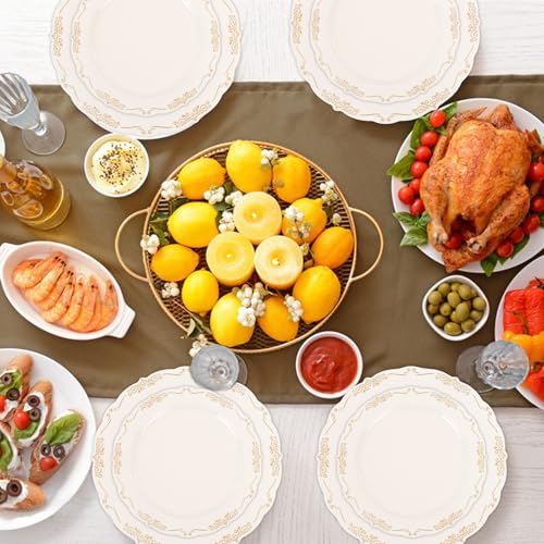 U-QE 100 PCS Ivory Plastic Plates with Gold Rim - Gold Plastic Plates for Party - Heavy Duty Plastic Plates Disposable Use Including 50 Dinner Plates 10 '' & 50 Dessert Plates 7.5 '' - color: Ivory Gold