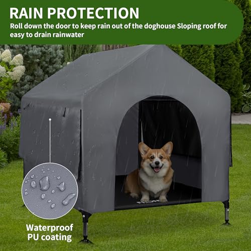 Summertrail 36" Large Dog House Outdoor Indoor with Breathable Mesh Windows-Elevated Dog Bed Cot Dog Tent Shade Shelter for Large Breeds with Canopy, Weatherproof Dog Kennel for Outside, Easy Clean - style: 36" Grey