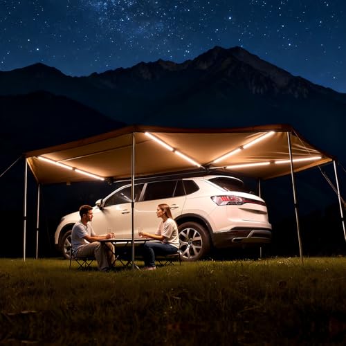 VEVOR 270 Degree Awning with Bulit-in LED Lights, 117 sq.ft Driver Side Vehicle Awning, Waterproof UV50+ Car Side Awnings, All-Weather Free-Standing Overland Awnings Car Shelter for SUV Truck Camping - color: Khaki 270° 18.7*6.4ft Car Awning with LED