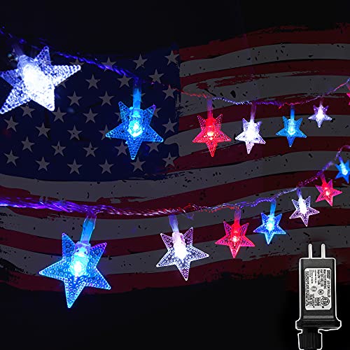 Twinkle Star 4th of July Decoration Lights, 100 LED 49FT Red White Blue Star String Lights, Plug in Fairy String Lights Waterproof, Extendable for Indoor, Outdoor, Independence Day Decor - color: *Red & Blue & White, size: Star lights - 49 ft