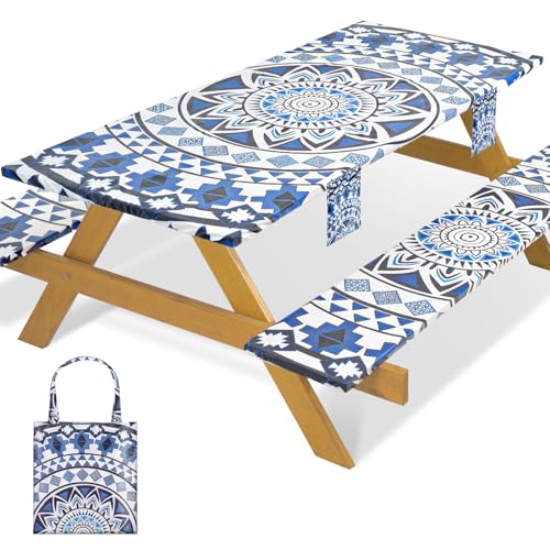 Fitted Waterproof Picnic Table Cover with Bench Covers Elastic 72×30Inch Weather Proof Non Slip Camping Table Clothes for 6Feet Rectangle Tables Campers Summer Fall Travel Hiking Tools Gifts - color: Blue Bohemian, size: 72" x 30" (Rectangular)