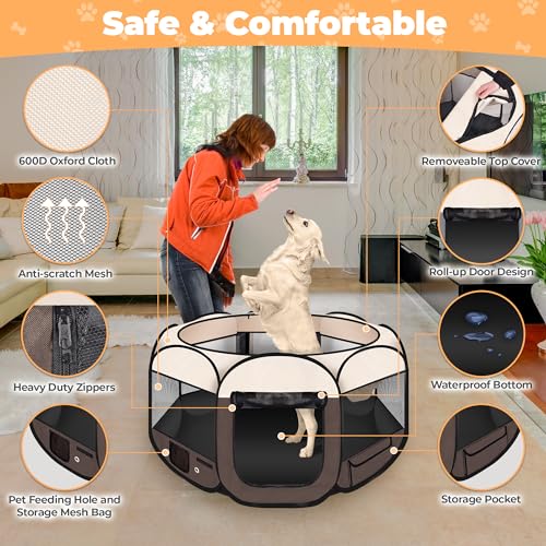 Dog Playpen 45", HOMAGICO Pet Playpen for Indoor Cats Enclosed, Portable Dog Cage Outdoor Tent Crate with Carrying Case, Water-Resistant and Removable Shade Cover,Brown - color: Brown