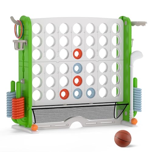 COSTWAY Giant 4-in-A-Row Connect Game Set, Height Adjust 4-to-Score Game with Mesh, Golf, Ring Toss Sets, Basketball & Cup Holders, Indoor Outdoor Yard Party Game for Kids Adults, Family (Green) - color: White & Green