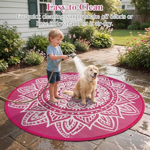 Round Outdoor Rug 6ft Waterproof Reversible Boho Plastic Straw Patio Deck Camping Rugs, Indoor Outdoor Portable RV Mat Carpet for Outside, Porch, Balcony, Backyard, Beach, Pool, Pink - color: Pink, size: Round 6ft