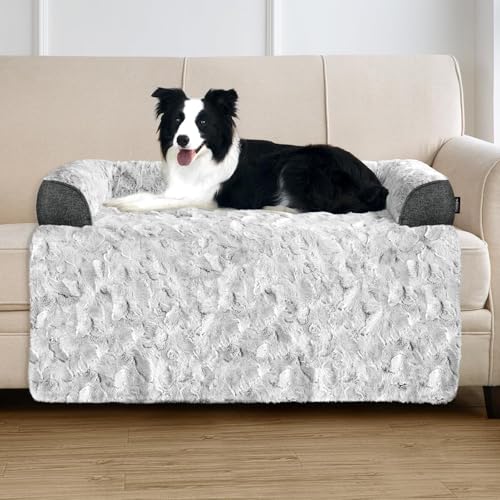 Calming Large Dog Bed for Couch, 41 x 37 inch Removable Couch Cover for Dogs Washable, Non-Slip Fluffy Plush Dog Sofa Mat for Furniture Protector - Grey - color: Grey, size: Large