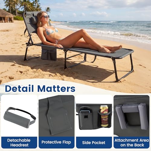 COSTWAY Tanning Chair with Face Hole, Folding Beach Lounge Chair with 4-Position Adjustable Backrest, Pillow & Side Pocket, Foldable Chaise Lounge Chair Outdoor for Sunbathing, Camping (1, Grey) - color: Grey