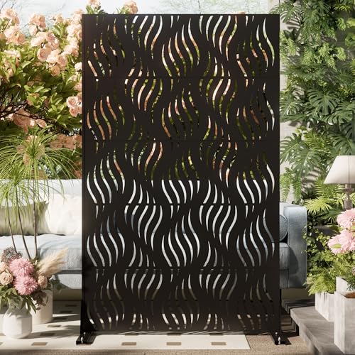 Cofar Metal Privacy Screen Outdoor 72" H×44" W -Black Freestanding Outdoor Privacy Panels with Stand, Decorative Fence for Patio, Deck, Balcony（Wicker） - style: 5-Panels Wicker_Black
