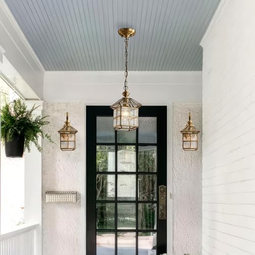 Milaii Mi Copper Brass Outdoor Pendant Light 12.6in Exterior Lantern Hanging Light Fixture Waterproof Anti-Rust Porch Light Outdoor Chandelier for Porch Kitchen Dining Room Entryway Patio - color: Brass
