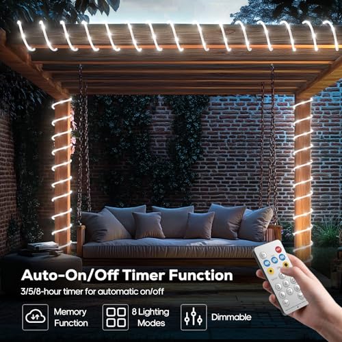 ICRGB Solar Rope Lights, 66FT 200LED 1800mAh Outdoor Waterproof Solar Lights with Remote, IP67 String Light with Timing & 8 Modes for Garden Tree Pathway Yard Pool RV Christmas Decor, White - color: Cool White, size: 66FT