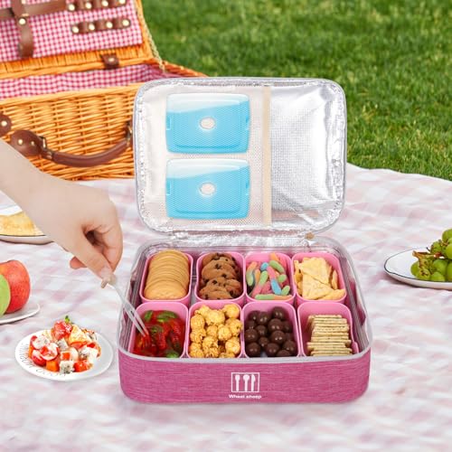 Snack Box Container with Insulated Cooler Bag, Divided Serving Tray with Lid and Handle Beach Essentials, Snackle Box Veggie Fruit Tray with 8 Compartments & 8 Forks & 2 Spoon Pink - size: Pink