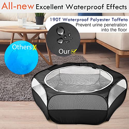 Pawaboo Small Animals Playpen, Waterproof Small Pet Cage Tent with Zippered Cover, Portable Outdoor Yard Fence with 3 Metal Rod for Kitten/Puppy/Guinea Pig/Rabbits/Hamster/Chinchillas, Black - color: H-Black