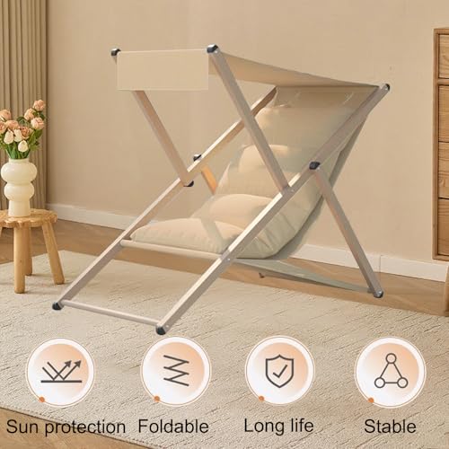 Beach Lounge Chair with Canopy, Folding Reclining Outdoor Chaise Lounger, Beach Chair Pool Sunbathing Lawn Lounger for All Weather, No Assembly Required (Khaki)