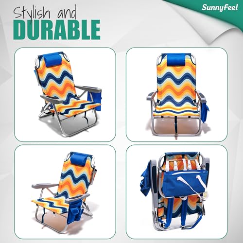 SUNNYFEEL Low Beach Chair, 5-Position Lay Flat Reclining, Backpack Portable Folding Chair with Cooler Bag & Cup Holder, Heavy Duty 350 LBS, Compact for Beach, Camping, Travel - color: Orange Wave, size: 1-pack