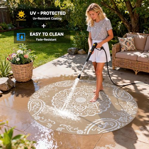 Pauwer Waterproof Outdoor Rug 6ft, Reversible Plastic Straw Patio Camping Rug, Indoor Outdoor RV Mat Carpet for Deck, Camper, Porch, Balcony, Backyard, Picnic, Boho Brown - color: Boho Brown, size: 6' (Round)