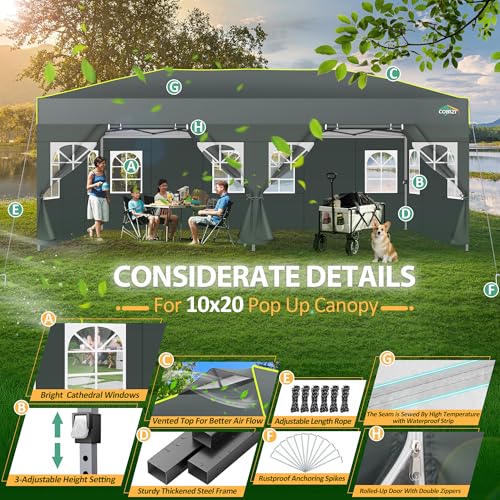 COBIZI 10x20 Pop Up Canopy Tent with 6 Sidewalls One Push Setup Outdoor Commercial Gazebo Waterproof UPF 50+ Party Tent with Carry Bag,Air Vent,Sandbag Tents for Parties,Wedding,Backyard,Gray - color: Grey(1-year warranty), size: 10x20