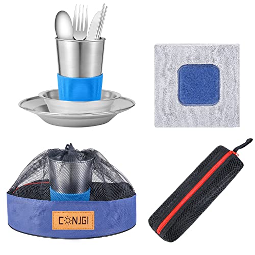Outdoor Camping Mess Kit - 1 to 2 persons Camping Dishes Includes Cups, Bowls, Dishes, Knives, Forks, Spoons, Etc, Camping Dinnerware Set with Mesh Bag is Easy to Carry Camping Tableware Set - color: 1 person set blue
