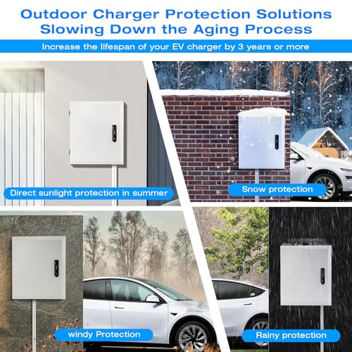Electric Vehicle Car Charger Cover Protector Compatible with Tesla, Wall Charging Station Box Indoor/Outdoor, Cable Cord Holder, Double Locks, EV Charger Enclosure for EV Charger, White