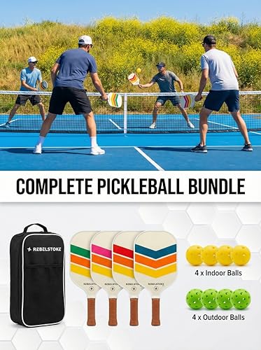 Complete Pickleball Set of 4 with Bag, Pickle Ball Paddle Set of 4, Designed in The USA, Pickleball Racket for Adults Comfort Grip, Indoor Outdoor Pickle Ball Kit, Pickleball Paddles 4 Pack - style: Retro Rally