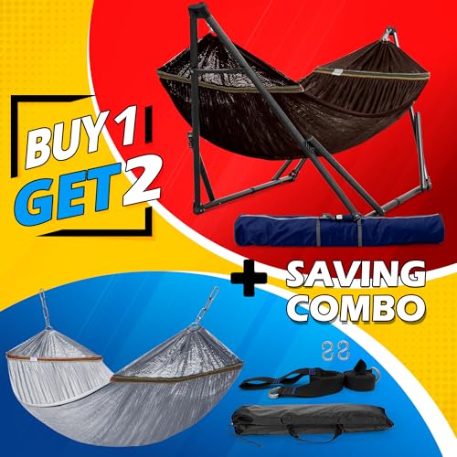 Tranquillo Combo x2 Hammocks with Stand for Outside & Tree Straps, Heavy Duty Hammock with Stand 600lbs for Indoor Outdoor Patio Backyard, x2 Hammocks for 2 Person (Combo - Brown, Medium) - color: Combo - Brown