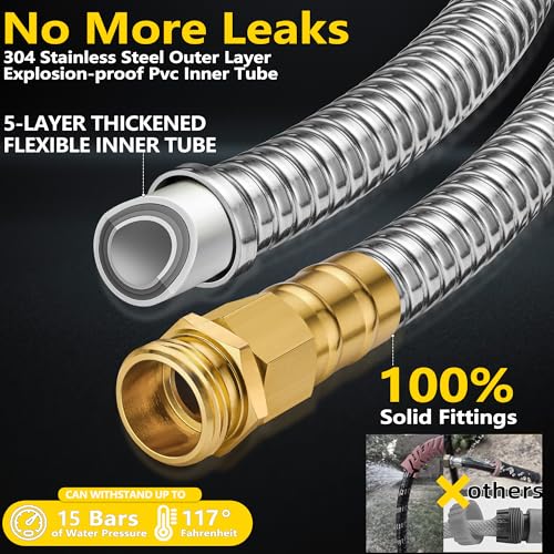 50 ft Stainless Steel Garden Hose - 2026 New Upgraded Technology Metal Water Hoses with 3/4" Solid Fitting - Lightweight,Ultra Flexible,Durable,Kink-Less Watering Pipes Garden Hoses For Yard, Outdoor - size: 50ft