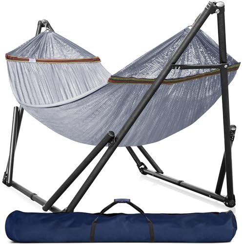 Tranquillo Universal Double Hammock with Stand Included for 2 Persons/Foldable Hammock Stand 600 lbs Capacity Portable Case - Inhouse, Outdoor, Camping, Grey - color: 1. Grey