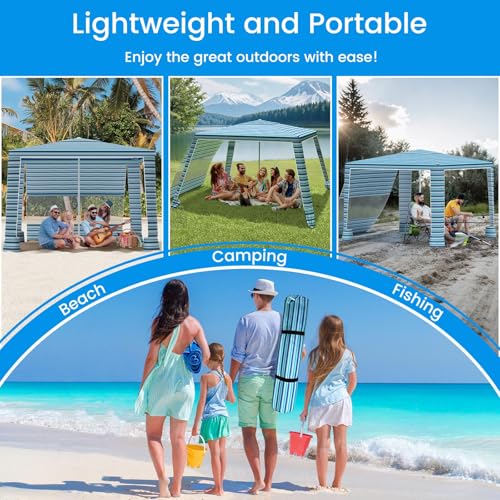 MoKo Beach Cabana, 8'×8' Large Beach Canopy with Side Wall, UPF 50+ Protection Easy Setup Beach Tent Sun Shelter, Adjustable Height Wind Resistant Cabana Beach Tent for Whole Family, Blue-Green Stripe - color: Blue-Green Stripe
