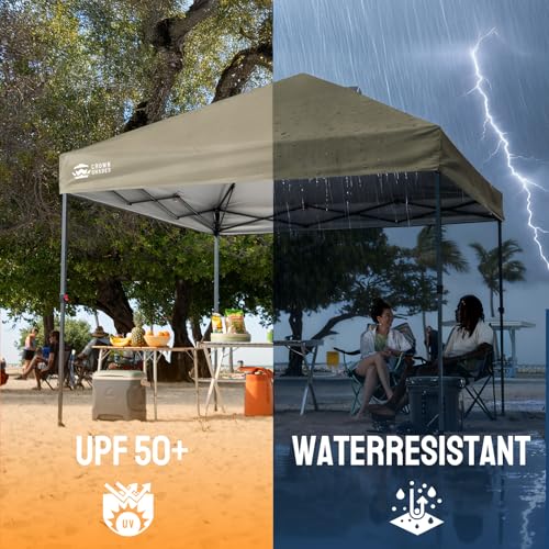 CROWN SHADES 10x10 Pop Up Canopy Tent - Patented Center Lock One Push Instant Outdoor Canopy Beach Tent with STO-N-Go Bag 8 Stakes & 4 Sand Bags，Khaki - style: Khaki