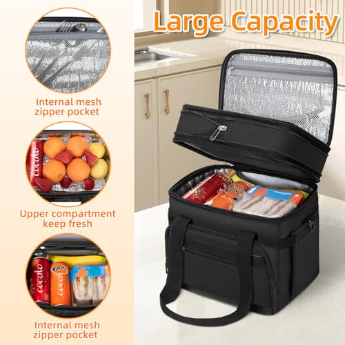 Insulated Lunch Box for Men & Women - Double Layer Leakproof Lunch Bag with Adjustable Shoulder Strap, Expandable Food Cooler for Work, Office, Travel, Camping (Black) - color: Black, size: Expandable Double