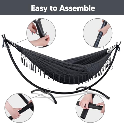 SUNCREAT Portable Outdoor Hammock with Stand Included, Double Hammock with Tassel for Outside, Dark Gray - color: Tassel-dark Gray