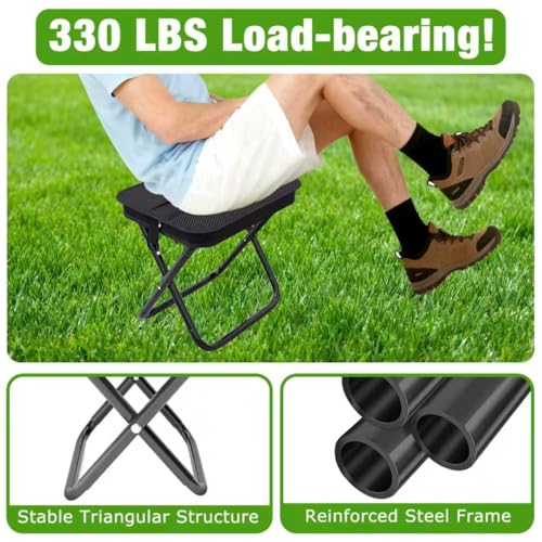 JELUTRIC Portable Ultralight Collapsible Camping Stool,Folding Lightweight Chair, Handy Fishing Stool 350 LB,Backpack Pocket Stool for Hiking Picnic Travel with Sunglass Bag and Magnetic Hat Clip - color: Black