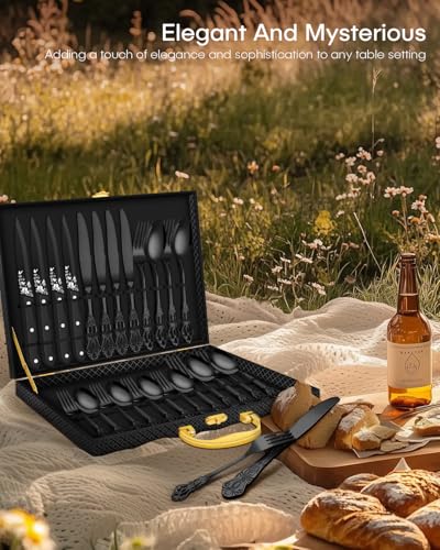 Black Silverware set with Steak Knives, Ollex 24PCS Retro Royal Flatware Set for 4 with Box, Food-Grade Stainless Steel Utensil Sets Includes Spoons Forks and Knives, Mirror Finish Dishwasher Safe - color: Black