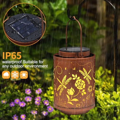 Solar Outdoor Lanterns, Dragonfly Garden Decor LED Light Hanging Waterproof Solar Lantern Birthday Gifts for Women Mon Grandma Sunflower Solar Lights Outdoor Decoration for Patio - style: Dragonfly